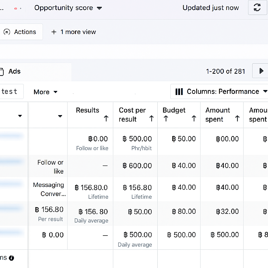 Screenshot of Facebook Ads dashboard showing results, cost per result, and budget