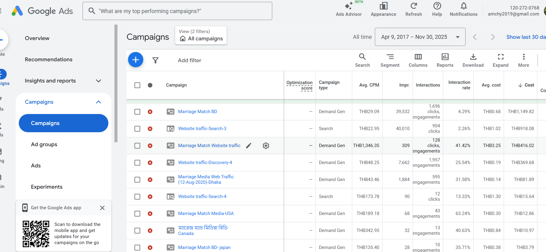 [Image not loaded] Google Ads Campaign Dashboard shows high Interaction Rates and low Avg. Cost